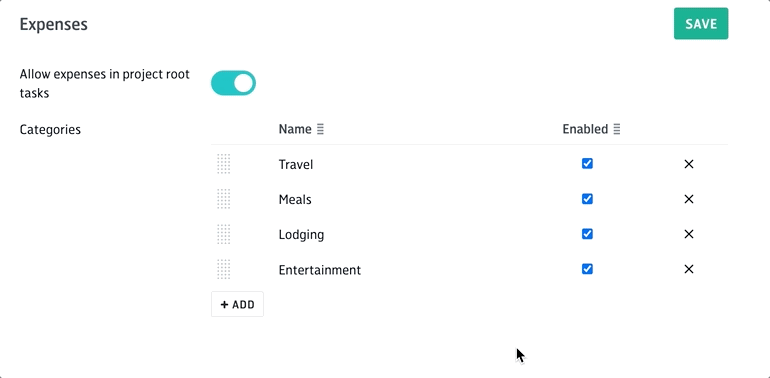Expense category configuration in organization settings