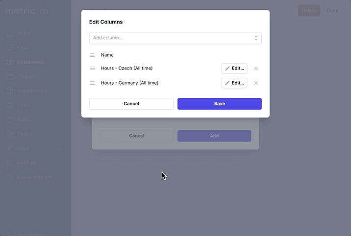 Dashboard table metric column customization interface