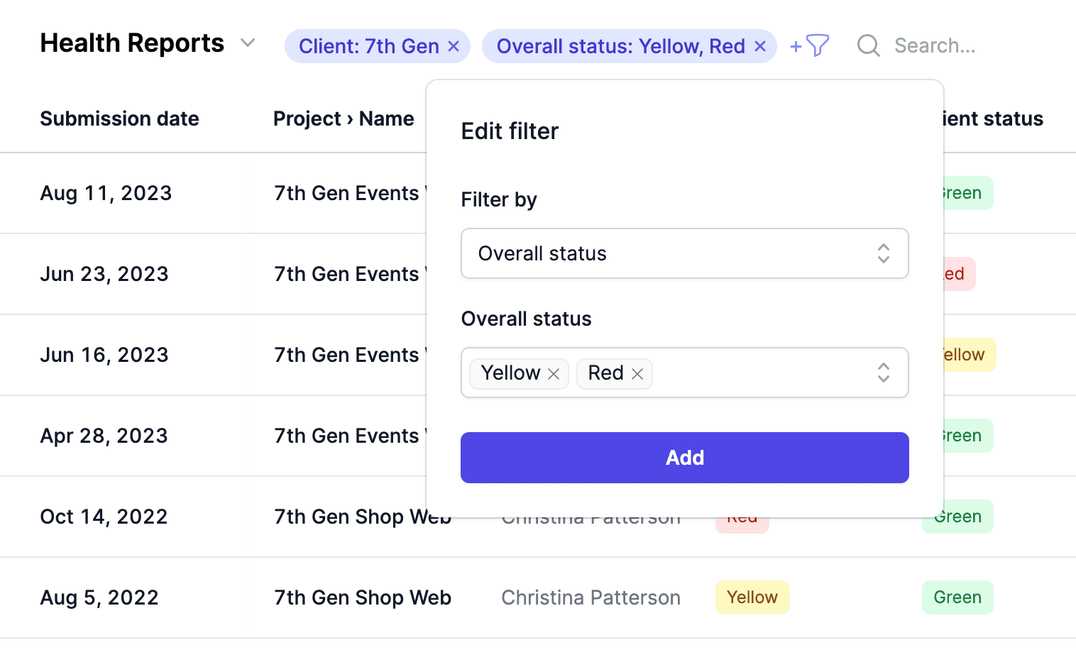 Custom filter creation interface for health reports