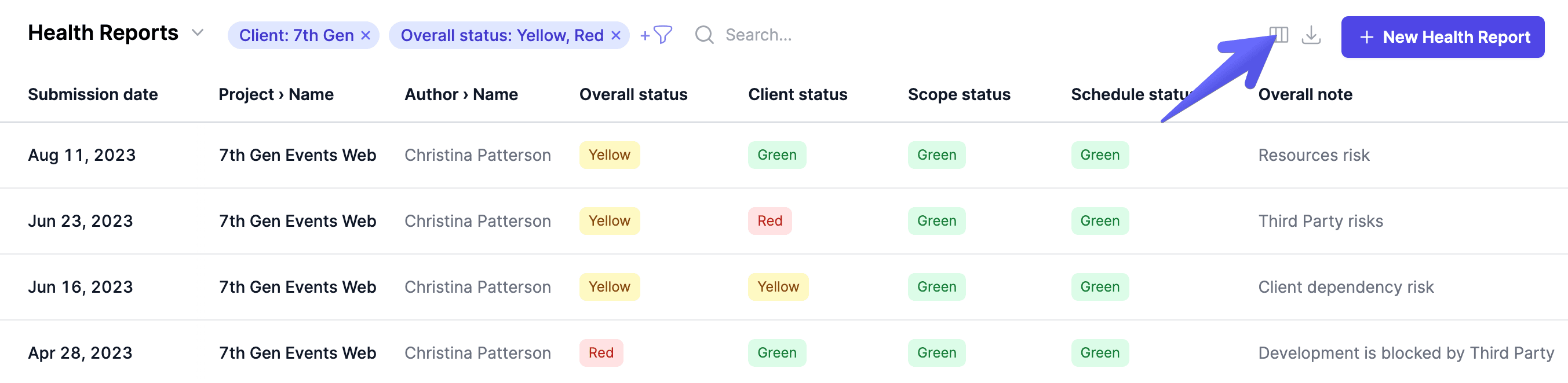 Column customization settings for health reports list