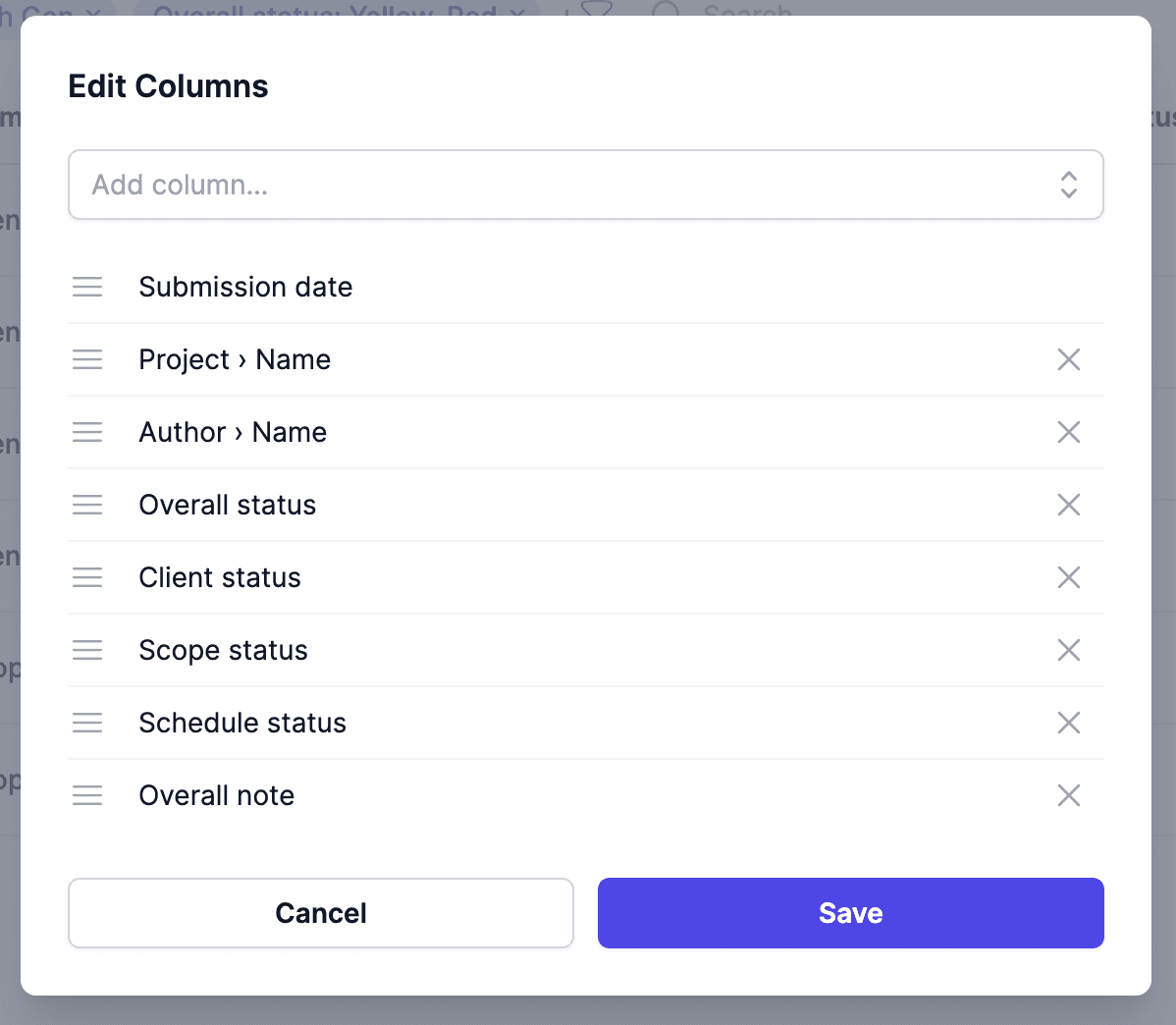 Customized column display in health reports interface