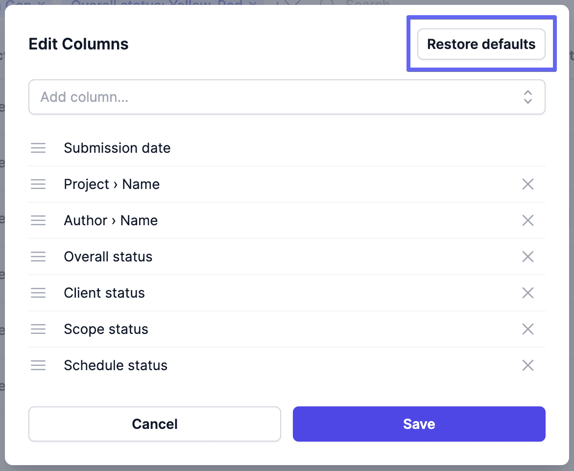 Restore default column settings option in Metric AI