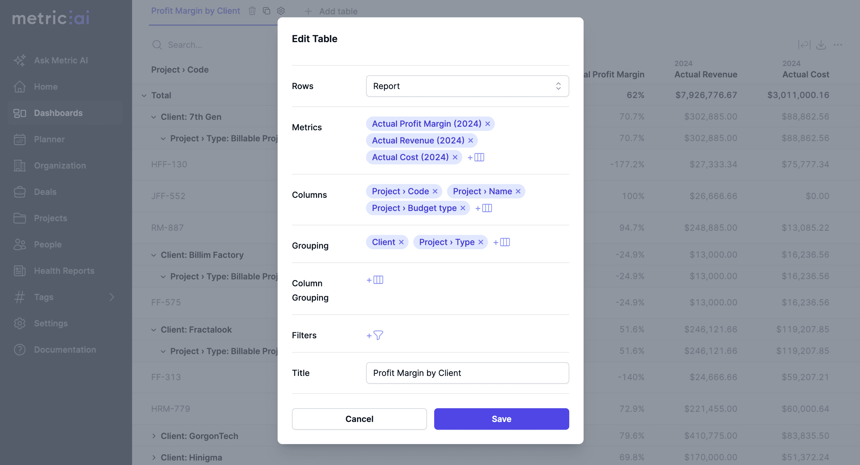 Report widget with metric values and column groupings