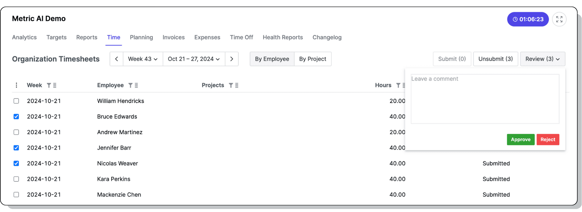 Bulk timesheet review interface at organization level