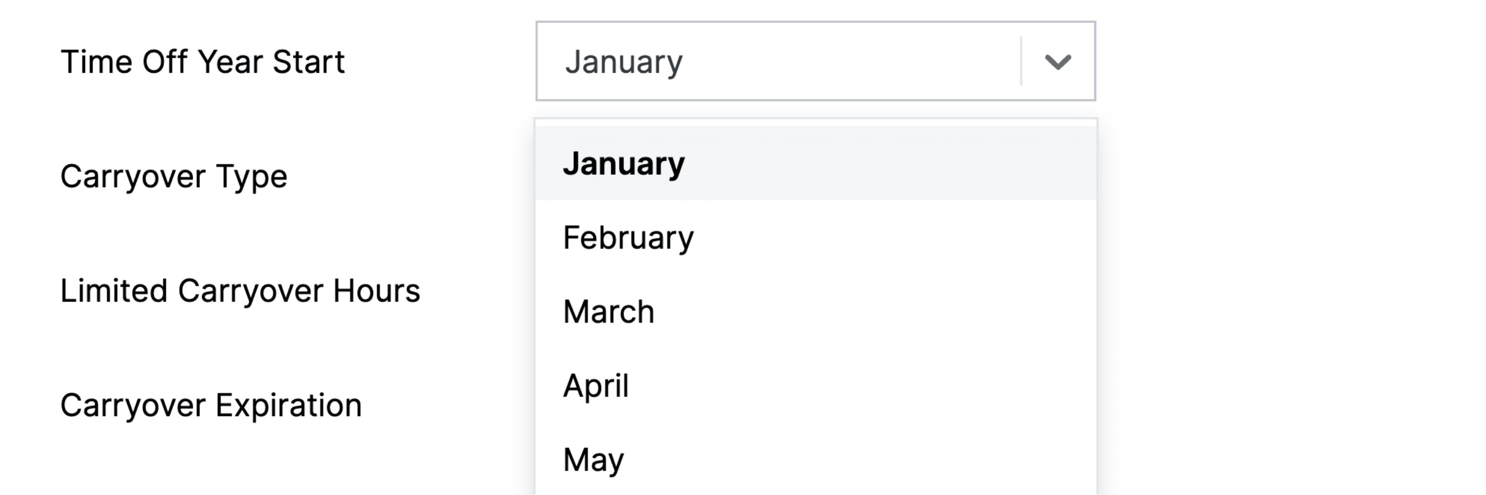 Time Off Year Start month configuration in time off policy settings