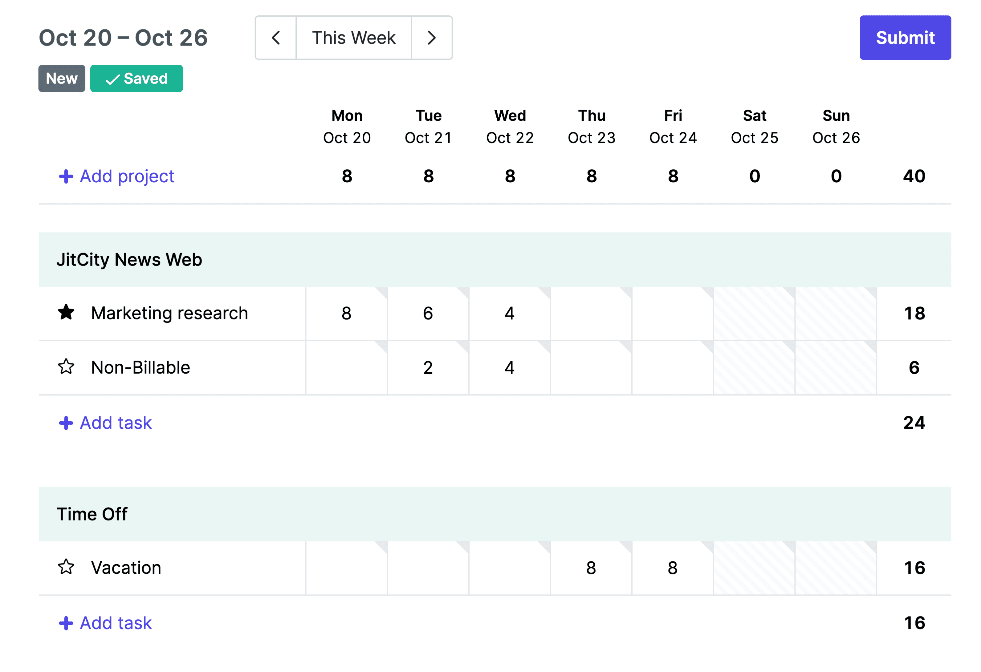 Time tracking interface showing timers, timesheets, and budget integration