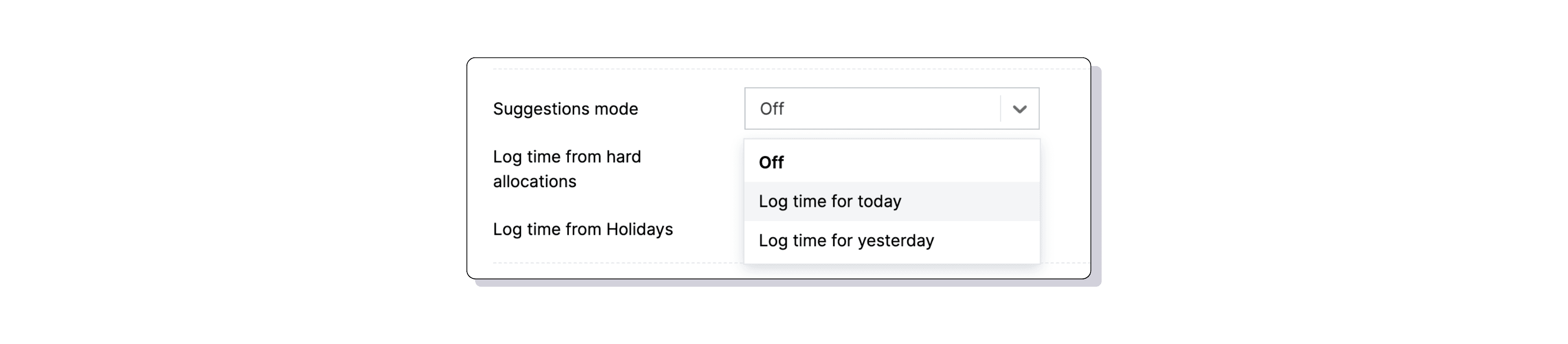 Suggestions mode settings for time logging in Metric AI