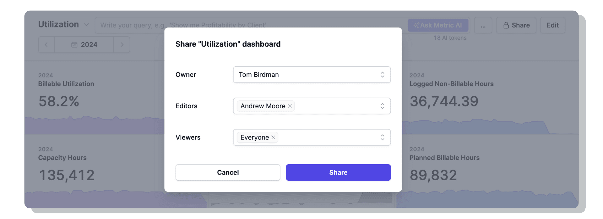 Dashboard sharing roles with owner, editors, and viewers