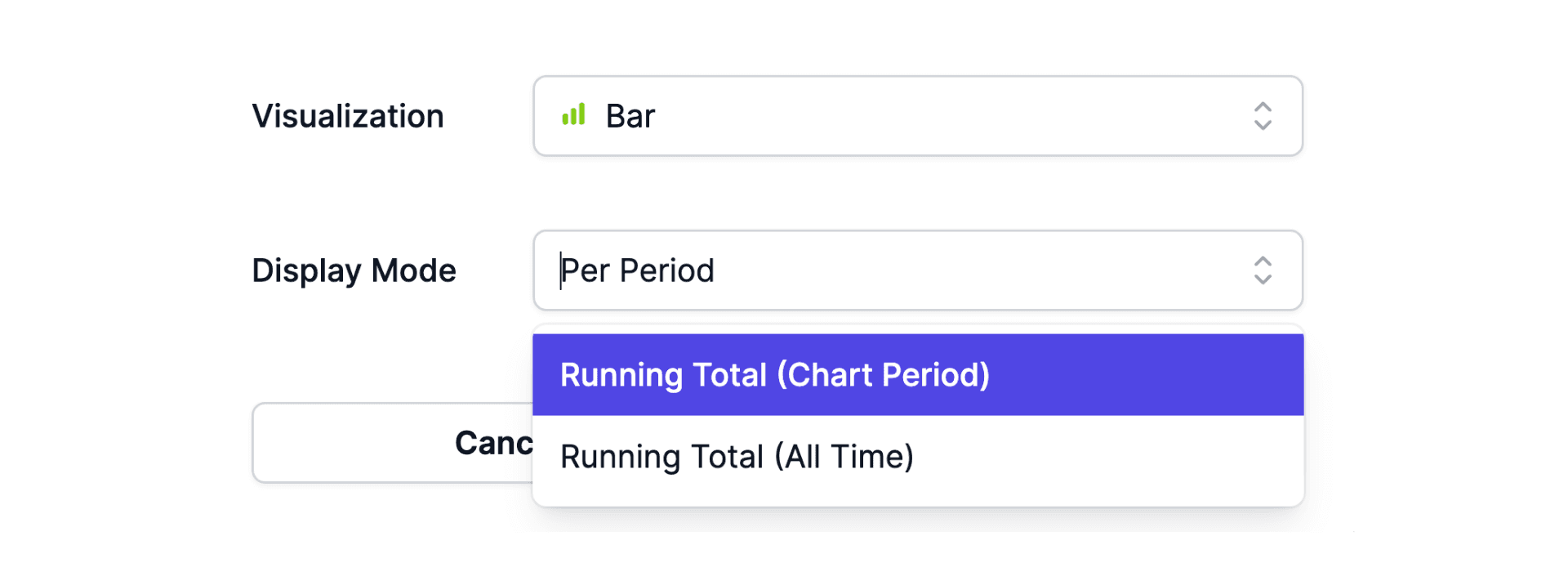 Display mode settings for chart data series in Metric AI